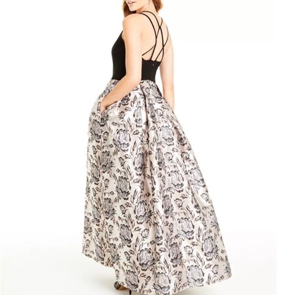 Floral Brocade Ballgown with Mesh Cutout - Picture 3 of 8